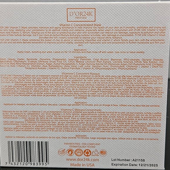 D'OR 24K VITAMIN C CONCENTRATED MASK - 1.7 fl oz \ 50 g - BRAND NEW - SEALED - Picture 3 of 11